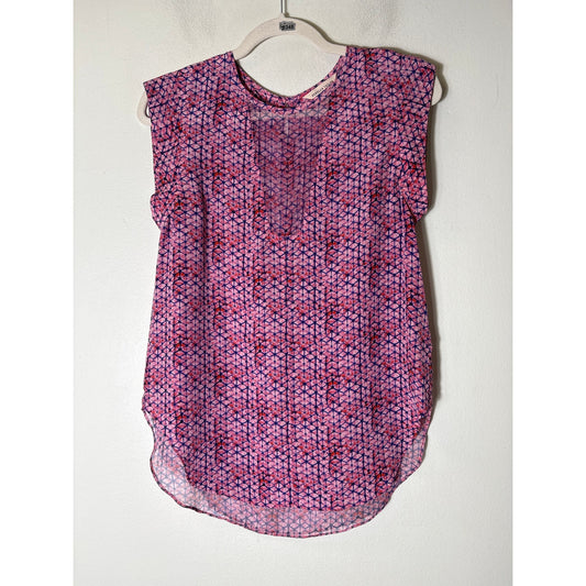 Rebecca Taylor Pink Navy Print Cap Sleeve Silk Top Sz 2