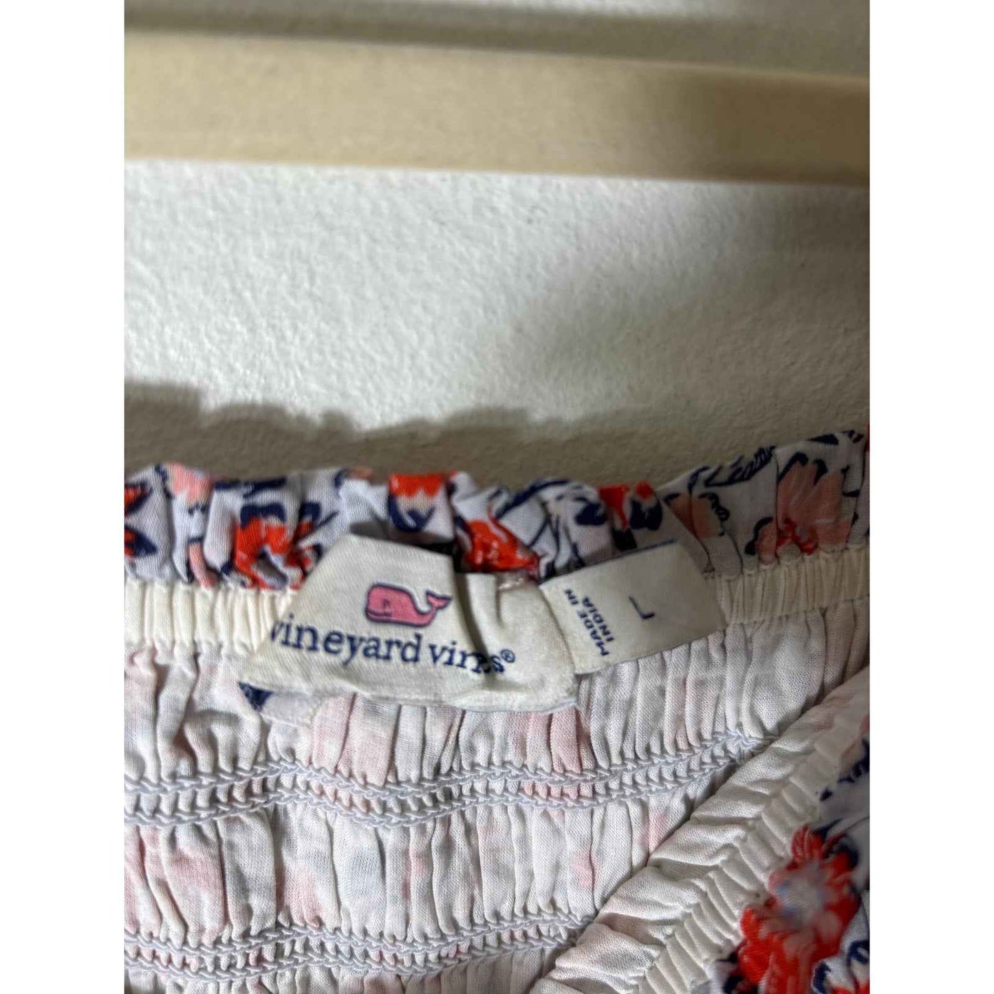 Vineyard Vines Orange Navy Floral Short Sleeve Cotton Smocked Dress Sz L