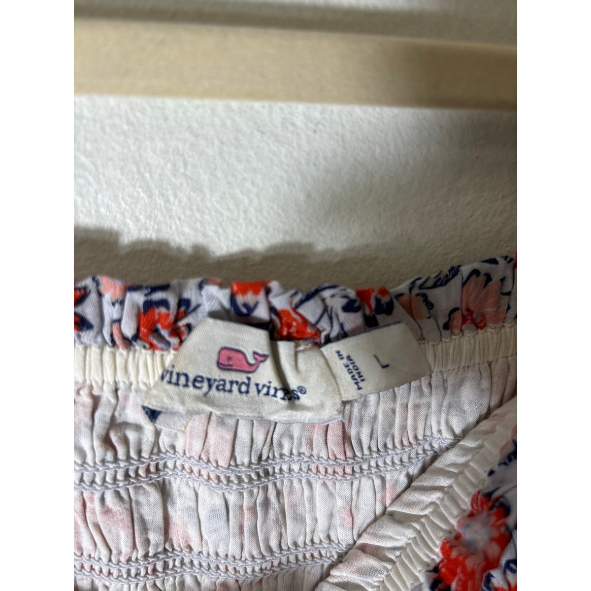 Vineyard Vines Orange Navy Floral Short Sleeve Cotton Smocked Dress Sz L