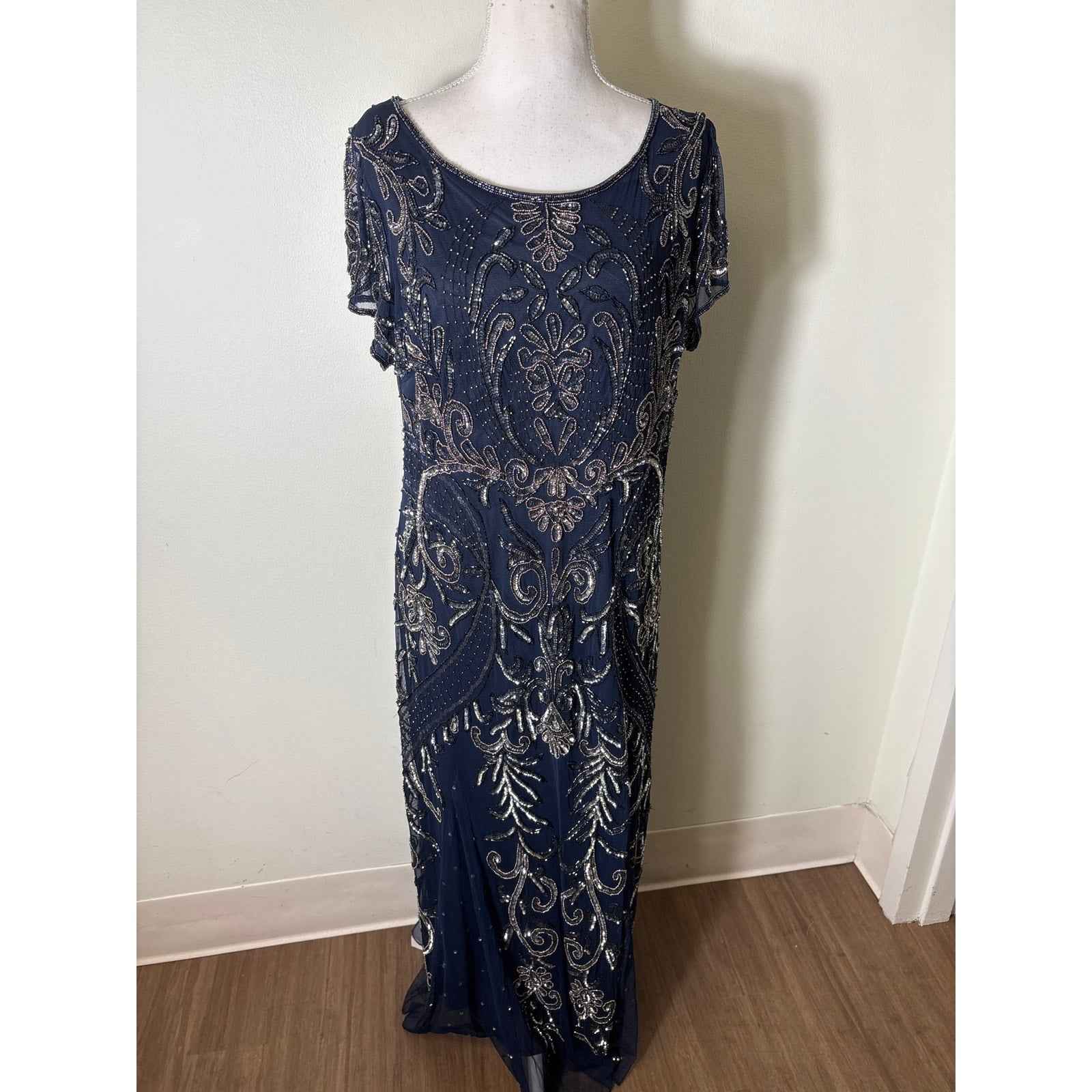 Pisarro Nights Navy With Gold and Silver Sequin Gown Sz 14