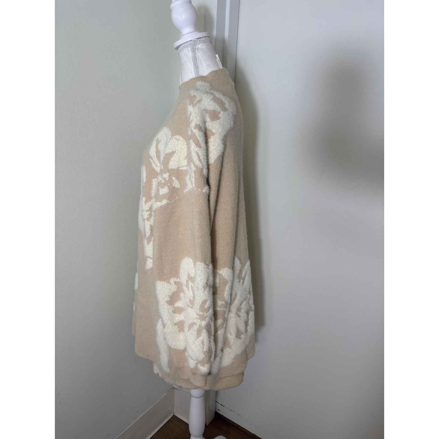 by Anthropologie Beige and Cream Long Sleeve Oversized Sweater + Skirt Set Sz M