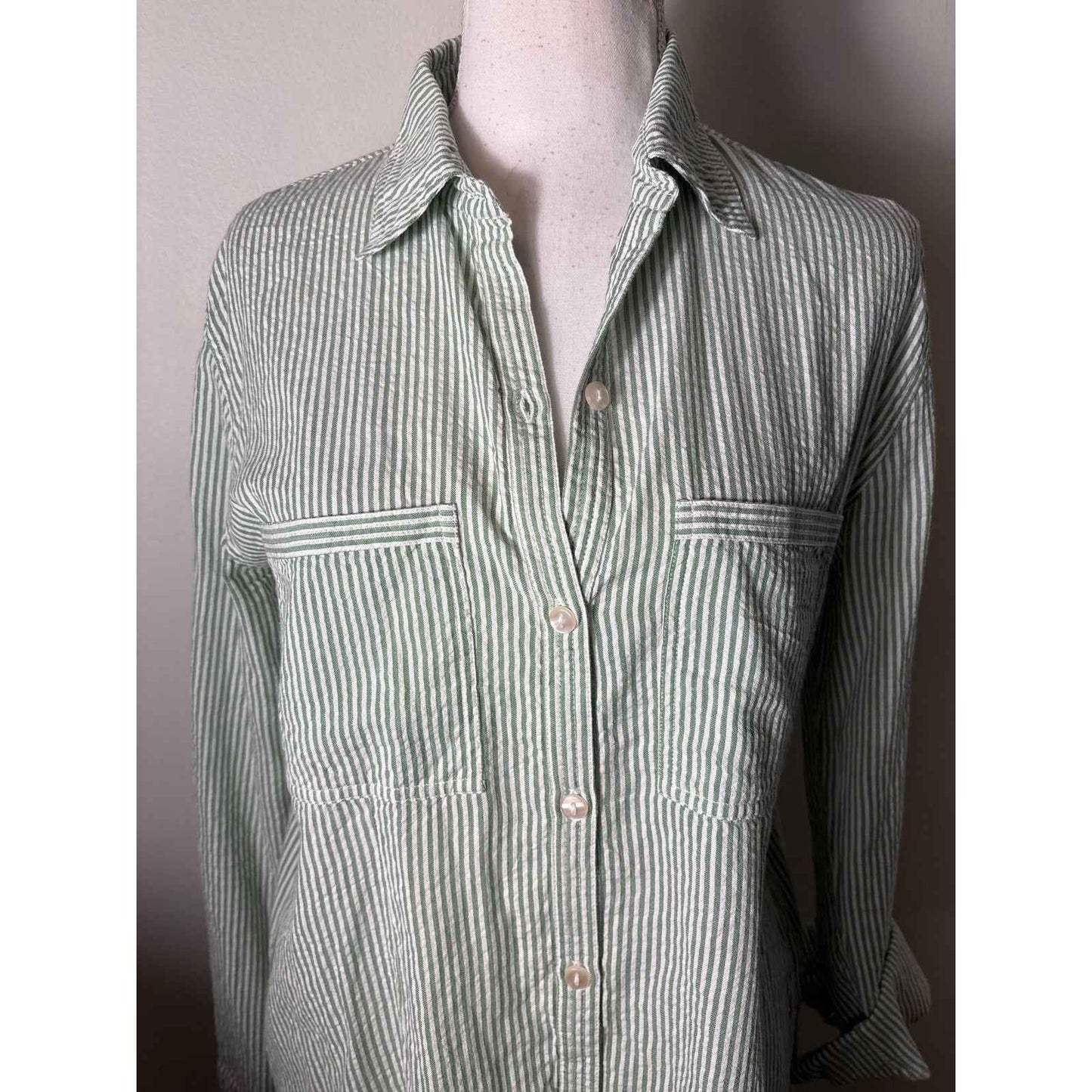 Roller Rabbit Green and White Stripe Long Cotton Midi Shirt Dress Sz S