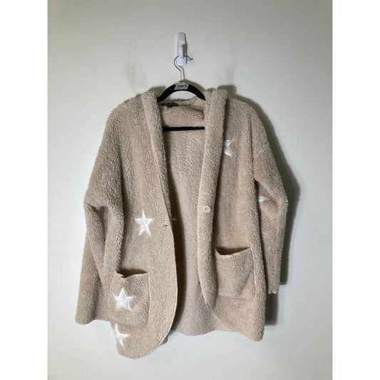 P.J. Salvage Off White Long Sleeve Fleece Button Up Hooded Jacket Sz S