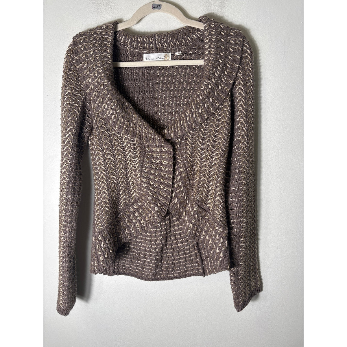 Charlie and Robin Brown Knit Open Cardigan Sweater with Gold Threading Sz S