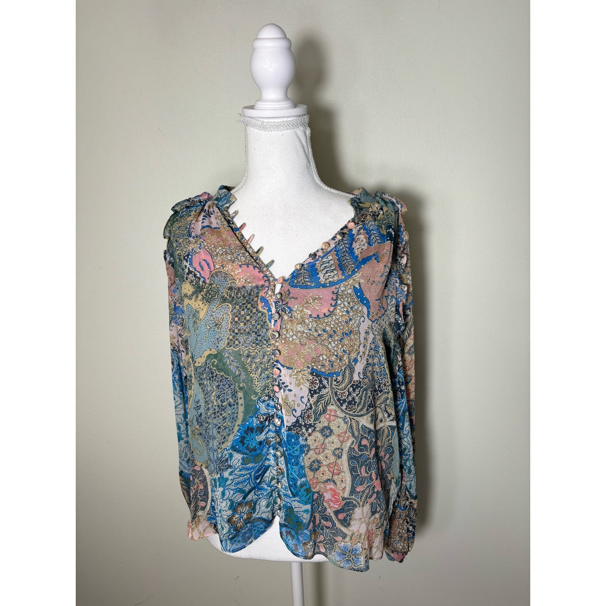 Misa PINK AND BLUE Pattern Button Up Blouse Sz s