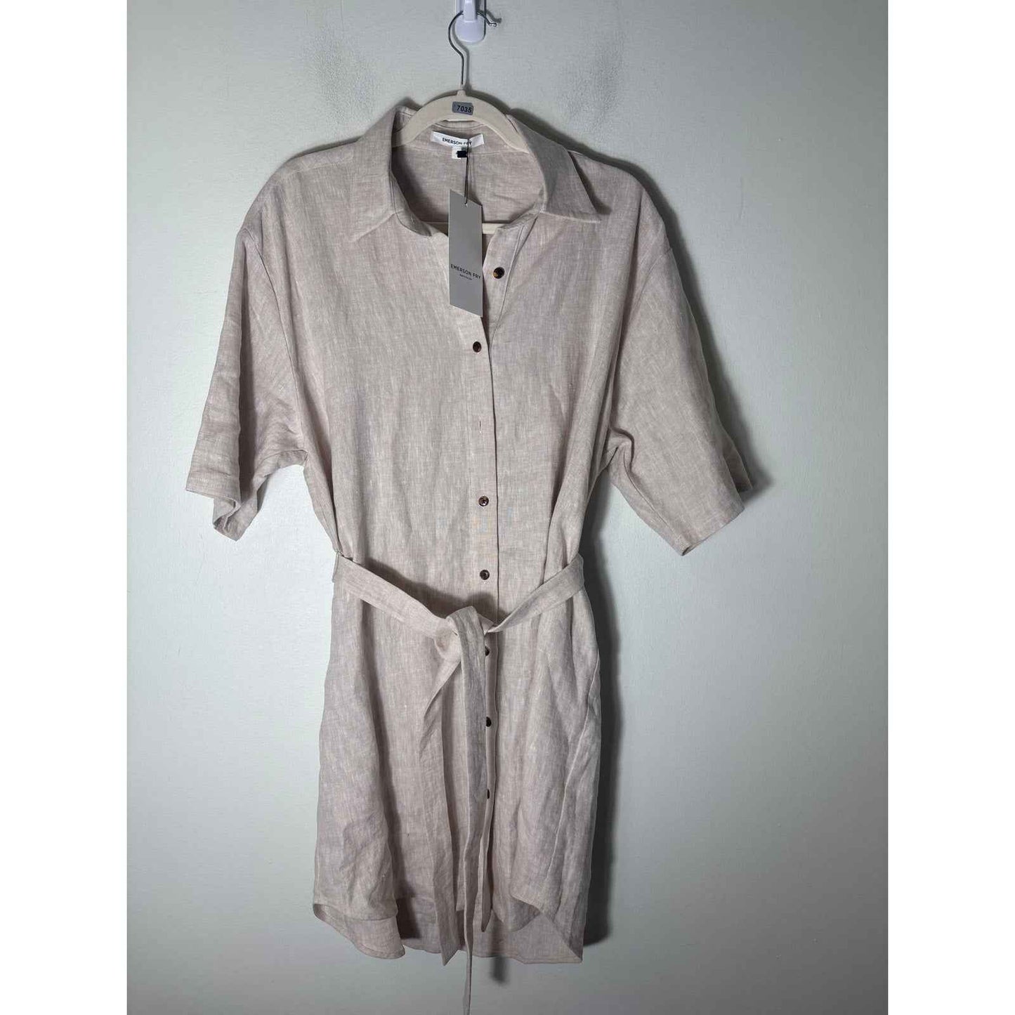 NWT Emerson Fry Light Khaki Front Button Up Linen Shirt Dress Sz M