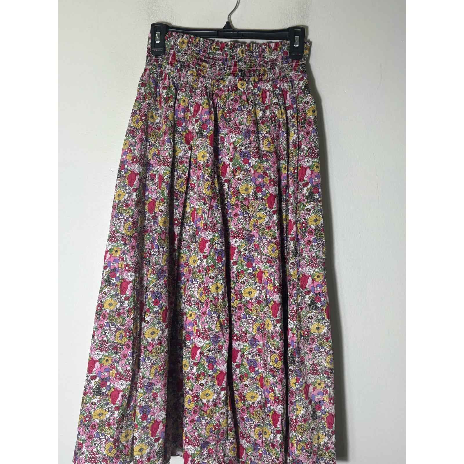 Buru Pink Floral Smocked Waist Midi Skirt Sz L
