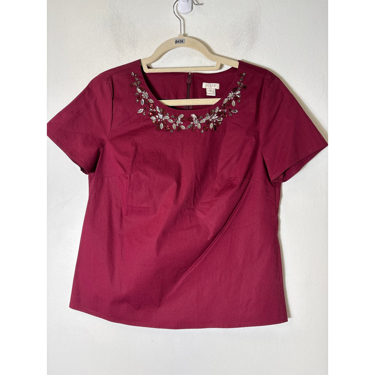 J. Crew Burgandy Short Sleeve Top with Rhinestone Embellishments Sz 4