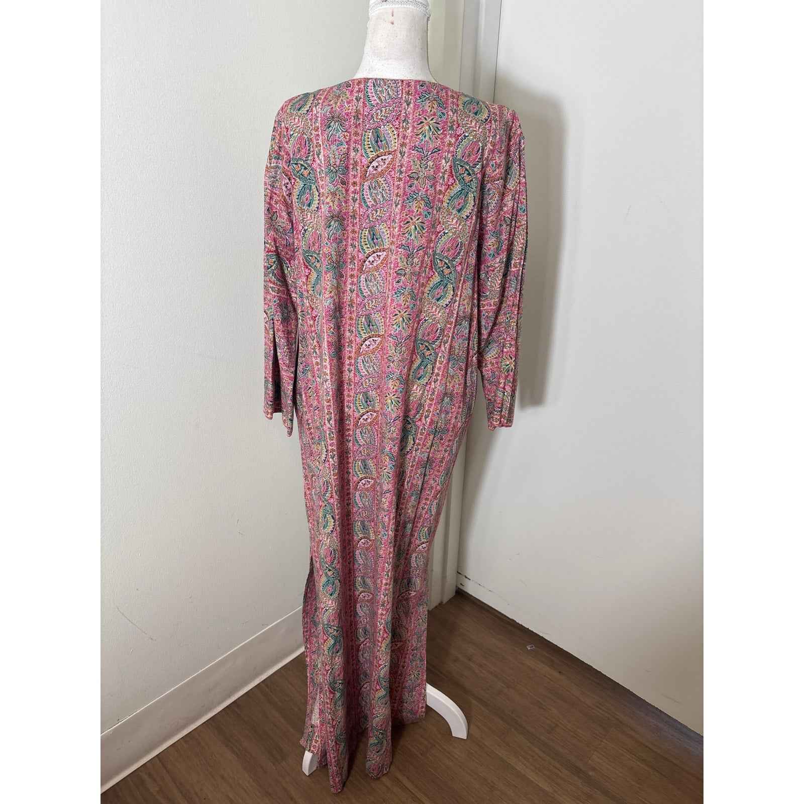 Saks Fifth Avenue Pink an Green Palm Tree Zip Up Caftan Sz M