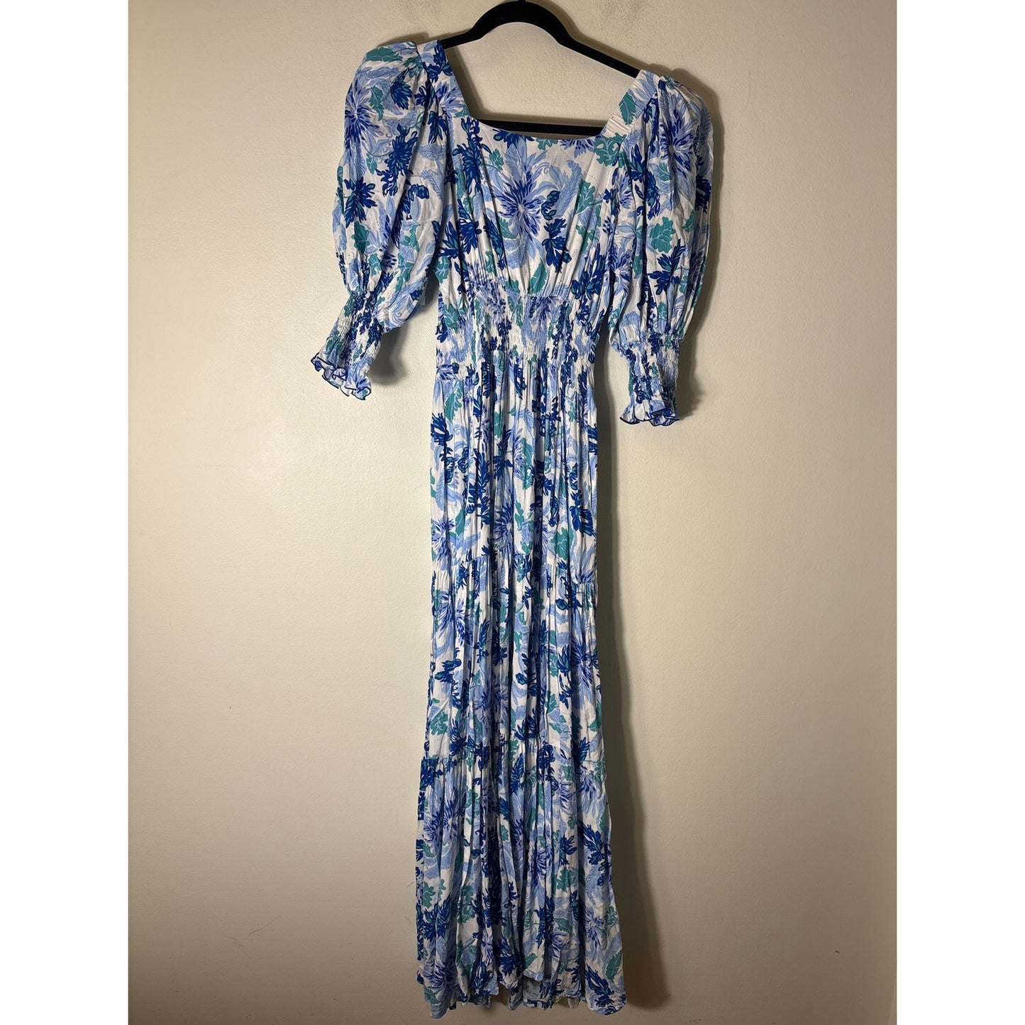 Feather & Find Blue Tropical Puff Sleeve Maxi Dress Sz S