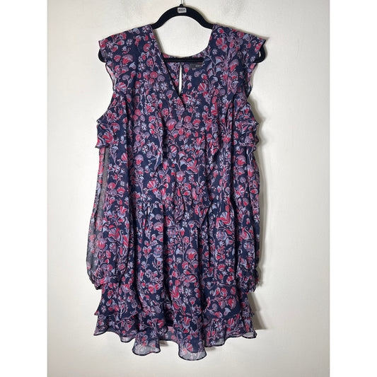 BCBG Navy and Red Cold Shoulder Long Sleeve Chiffon Mini Dresss Sz S