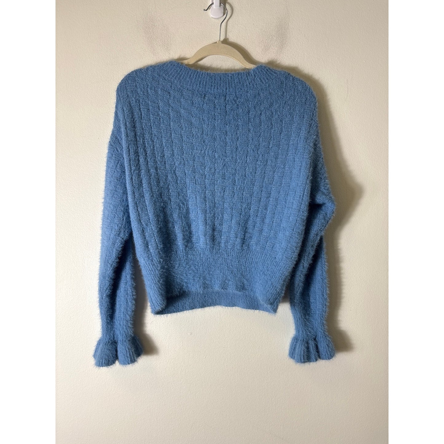 &Merci Blue Long Sleeve Fuzzy V-Neck Sweater Sz S
