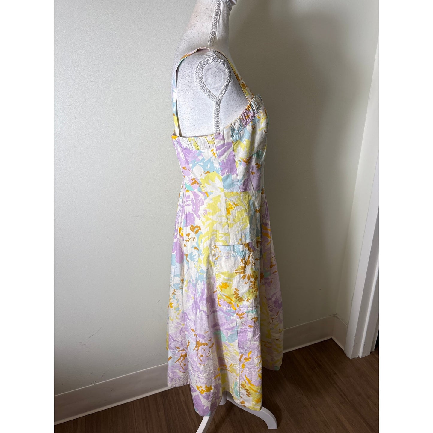 Maeve Pastel Watercolor Strapless Cotton Midi Dress Sz S