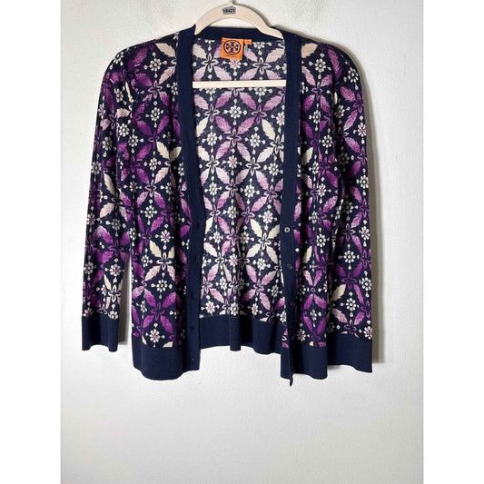 Tory Burch Purple Off White Long Sleeve Wool Cardigan Sz M