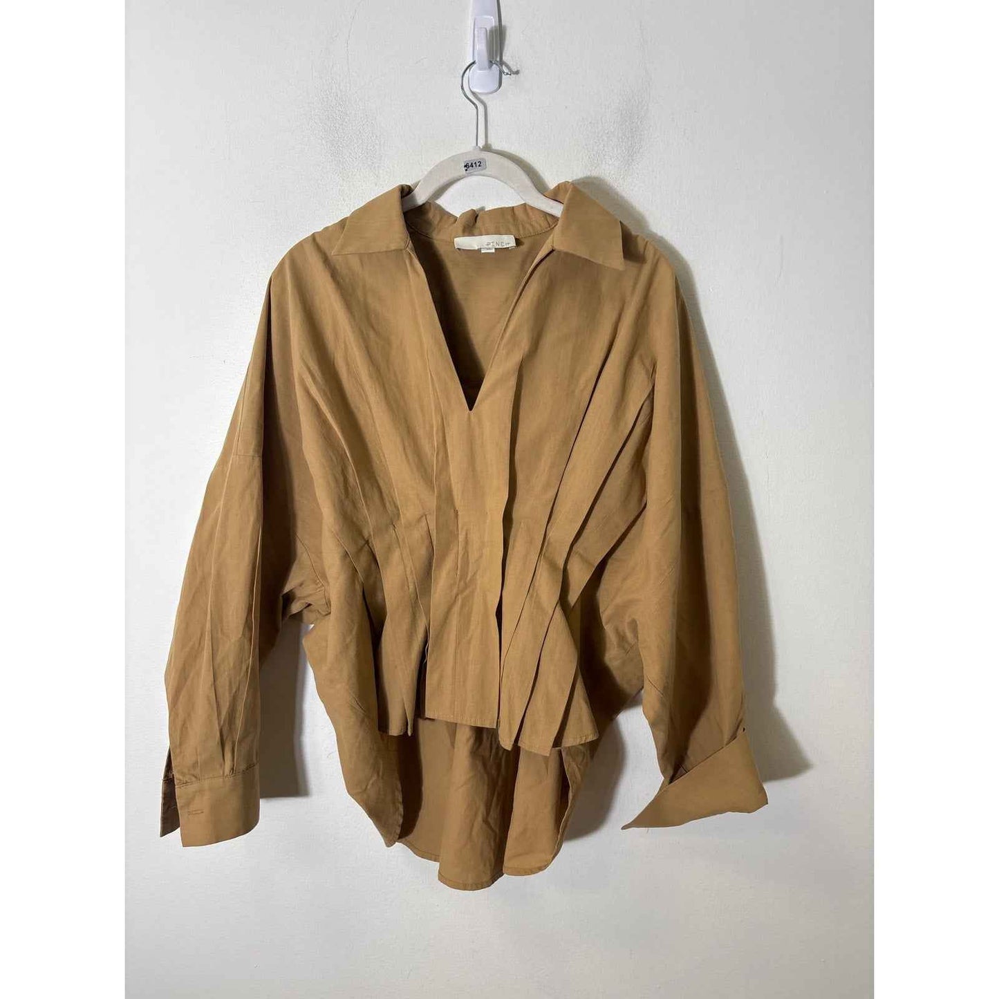 Pinch Brown/Tan Long Sleeve Pleated Cotton High Low Hem Shirt Sz M