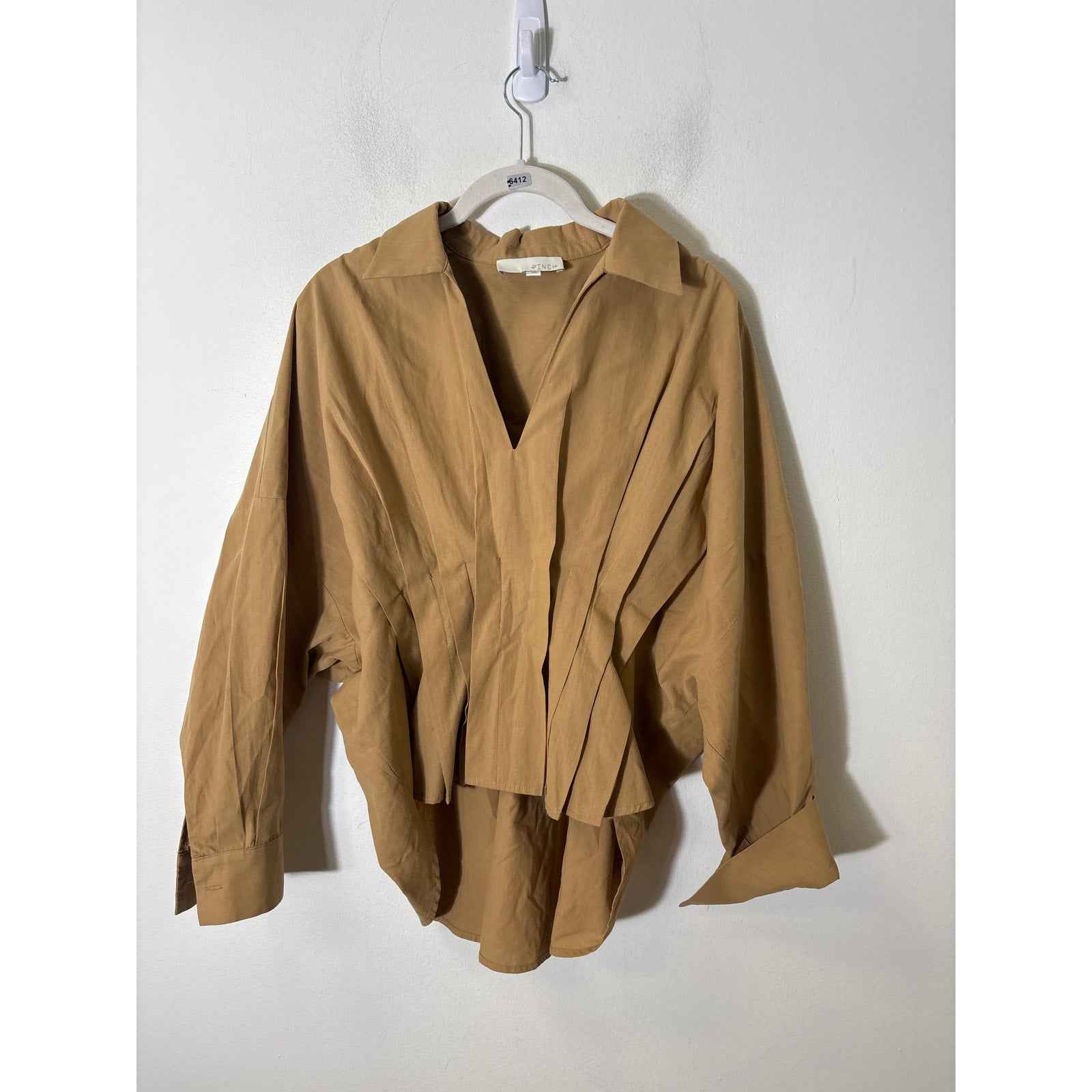 Pinch Brown/Tan Long Sleeve Pleated Cotton High Low Hem Shirt Sz M