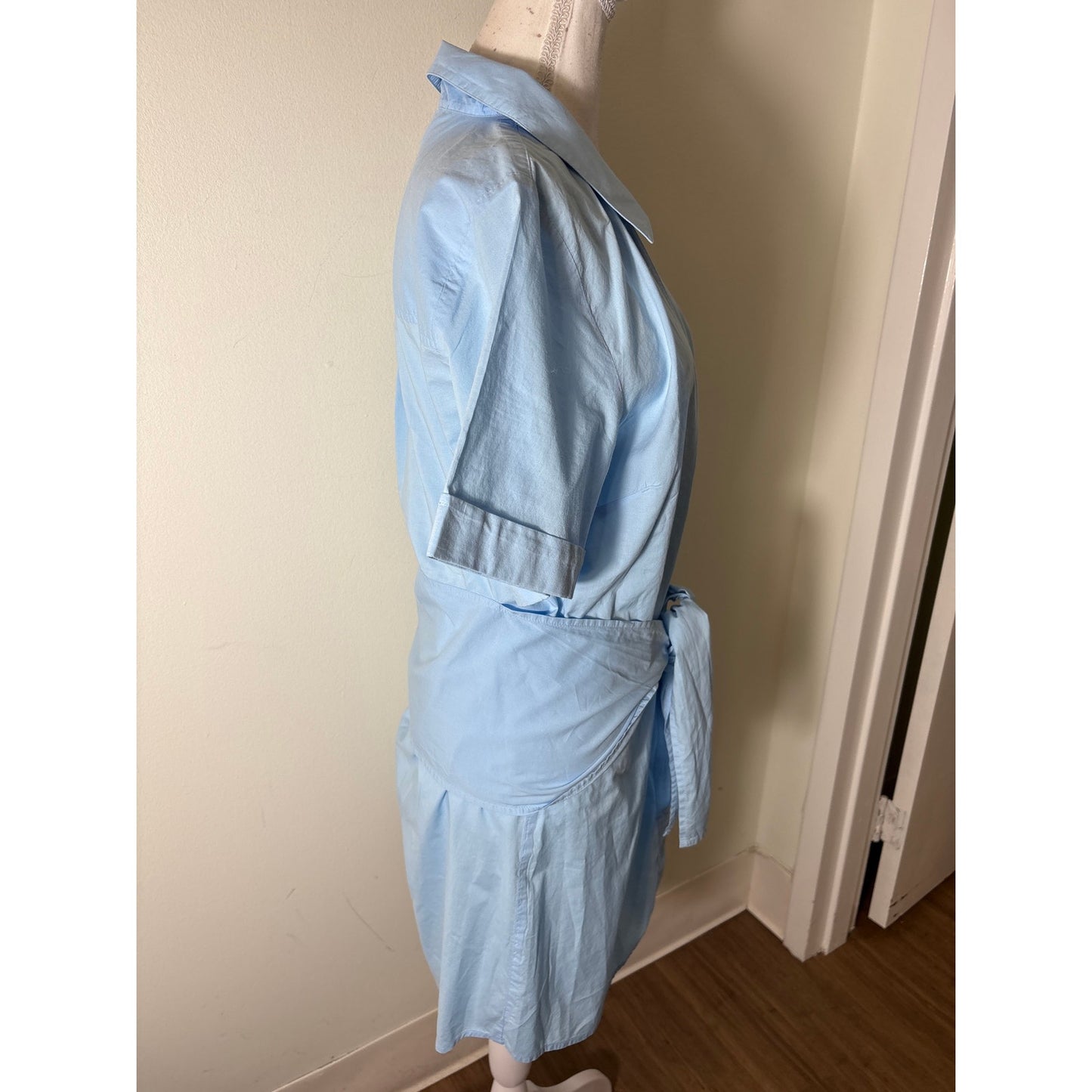 Nation Light Blue V Neck Button Up Cotton Shirt Dress Sz M