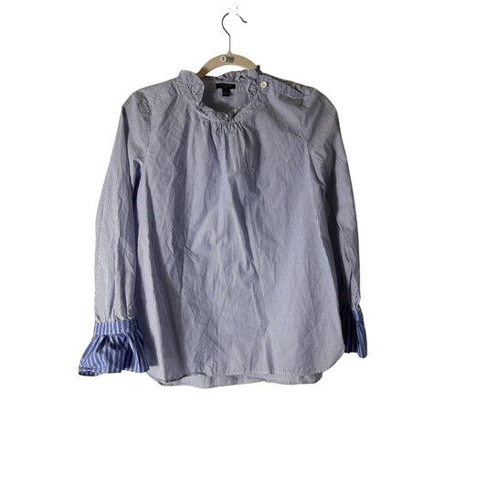 Ann Taylor Blue Pin Strip Long Sleeve High Collar Cotton Shirt Sz SP