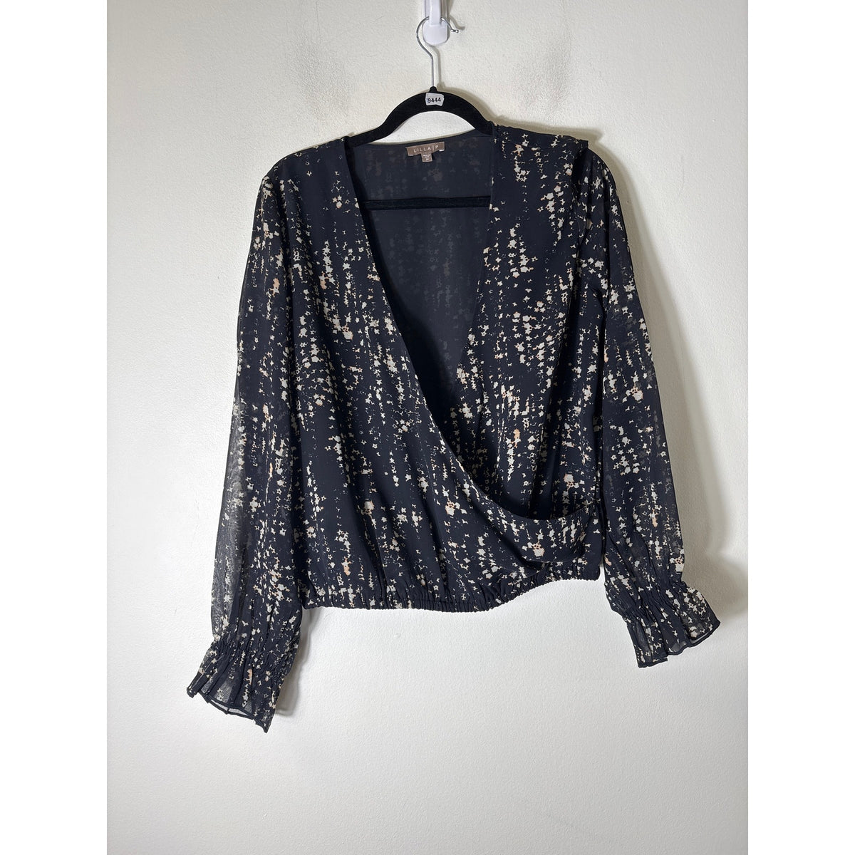 Lilla P Black Open Front Faux Wrap Long Sleeve Top Sz M