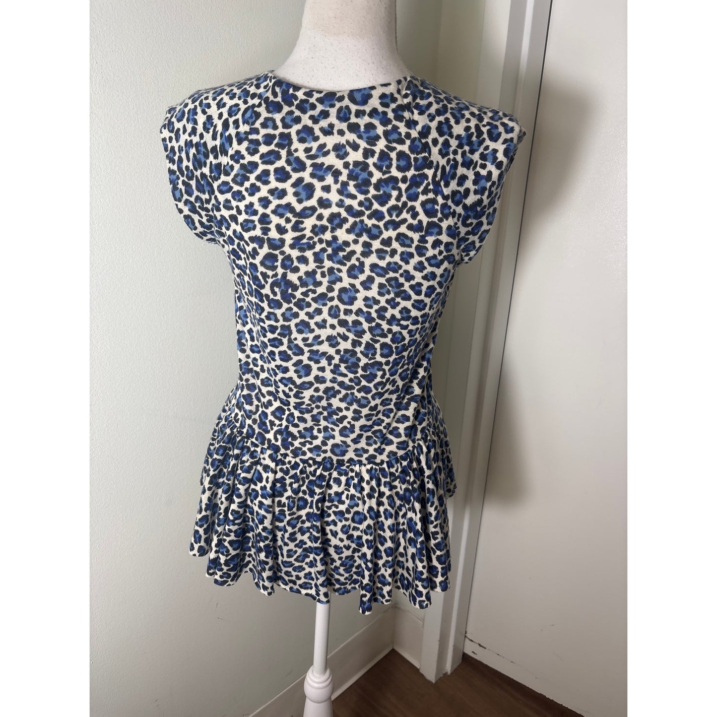 Rebecca Taylor Blue Cheetah Print Cap Sleeve Ruffle Hem Sz S