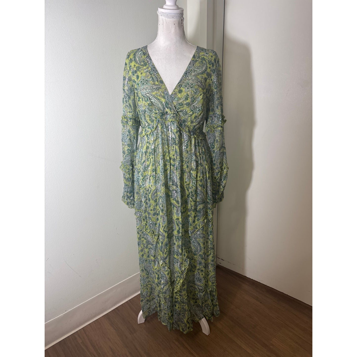 Ranna Gill Green Paisley With Silver Thread Maxi Dress Sz S