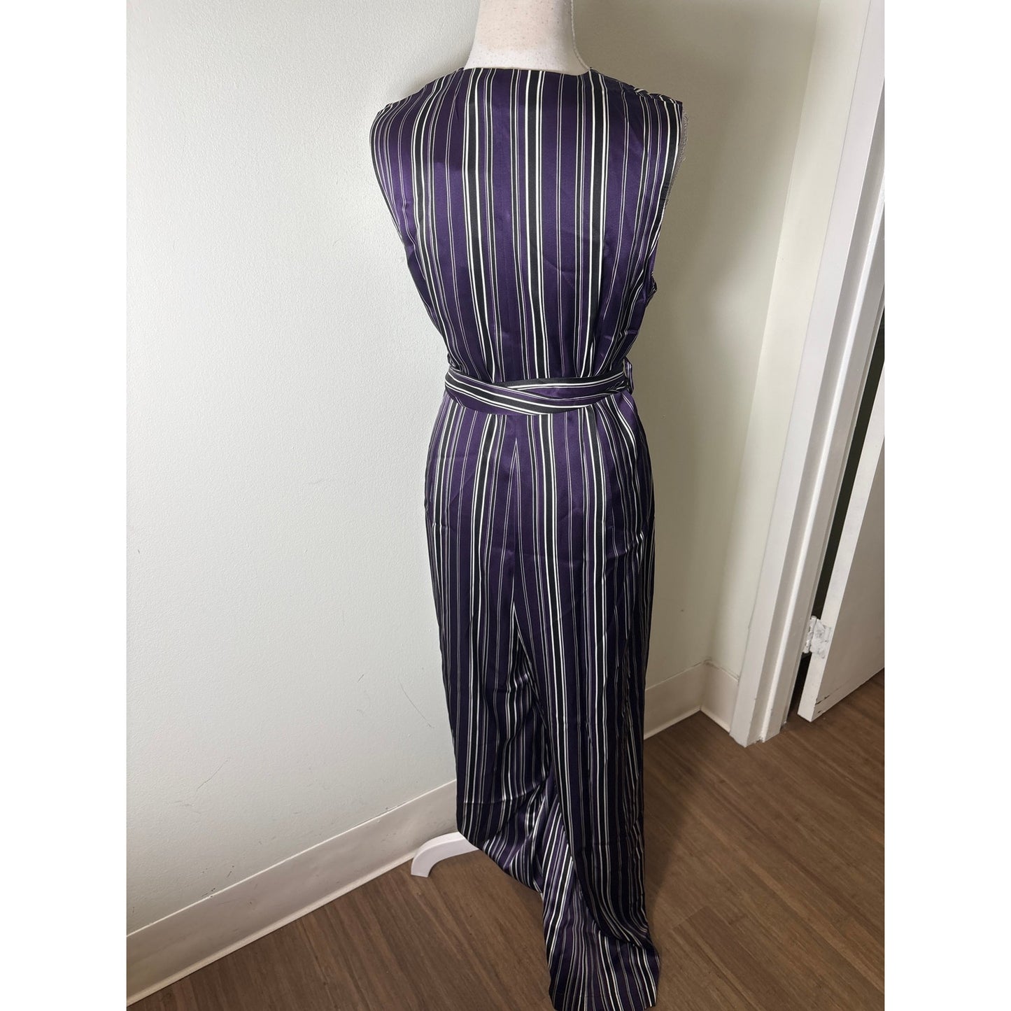 NWT Lilysilk Purple Pin Stripe Sleeveless Silk Jumpsuit Sz M