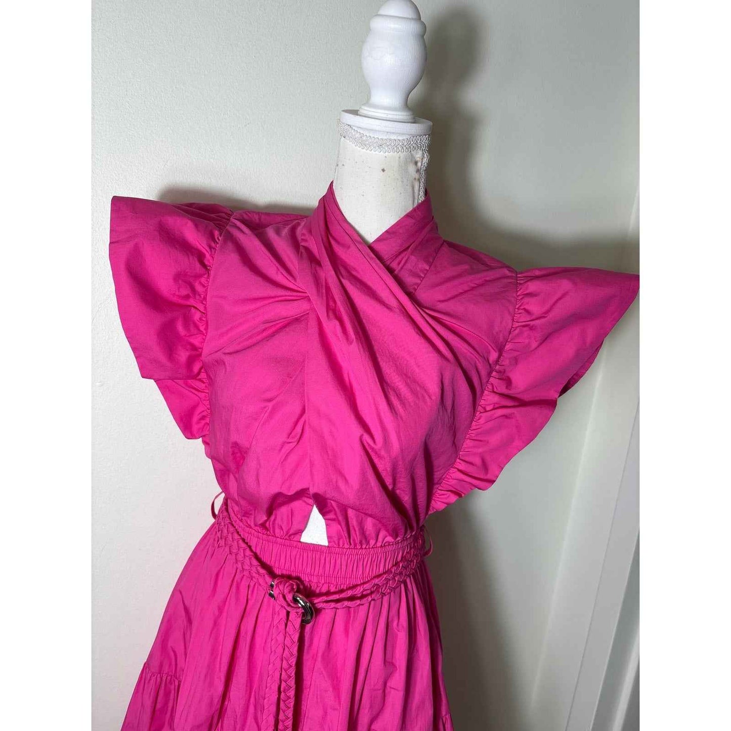 Derek Lam IO Crosby Hot Pink Flutter Sleeve Cotton Knee Length Dress Sz 0