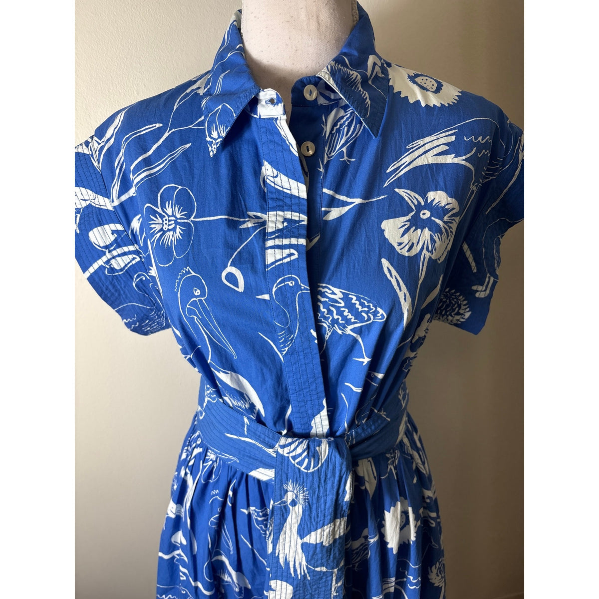 Oliphant Blue and White Bird Print Button Up Cotton Dress Sz XS
