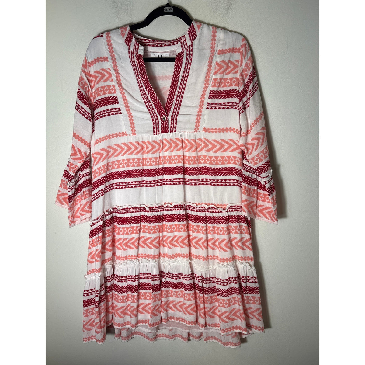THML Pink Design Stripe Tiered V Neck Dress Sz S