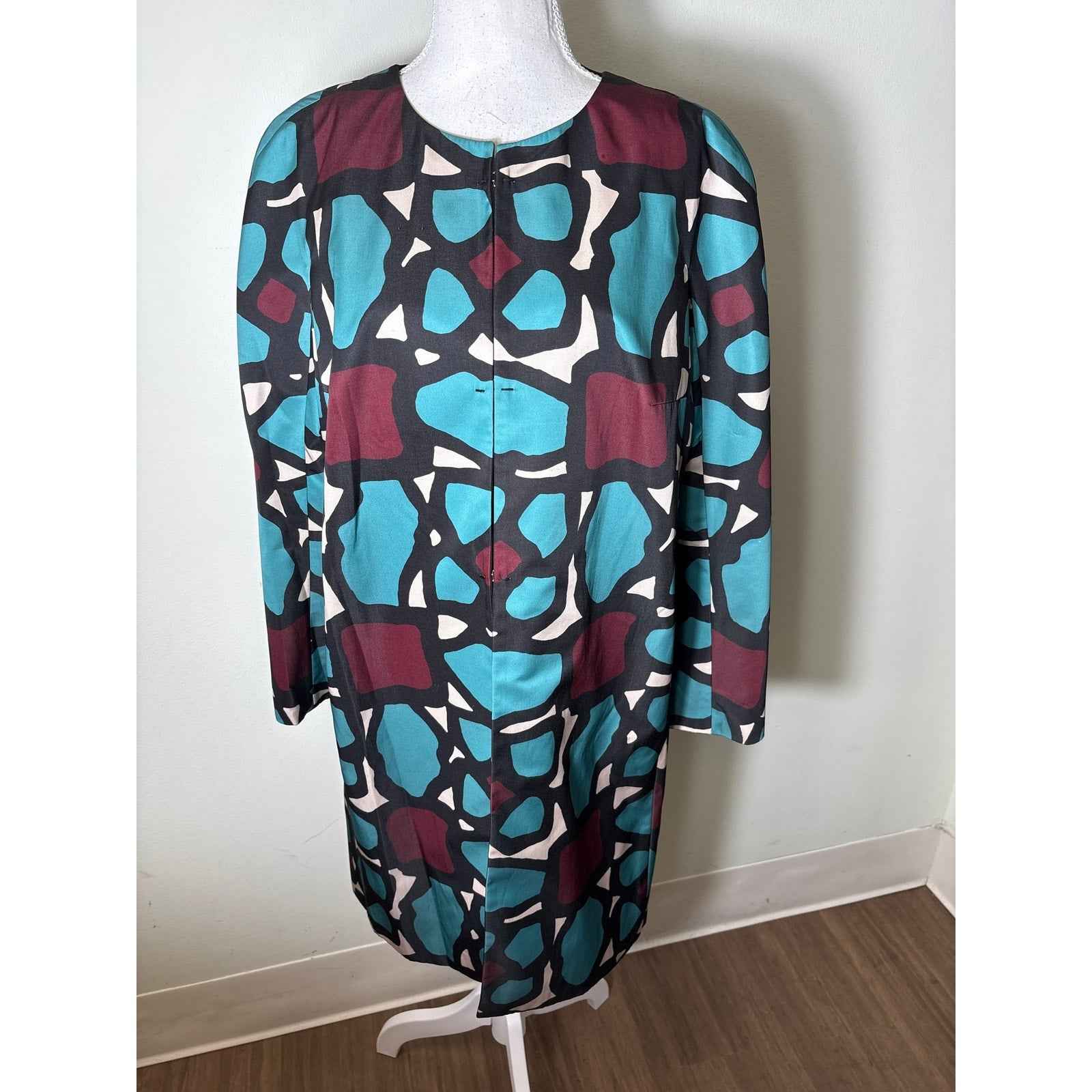 Paule Ka Blue Abstract Print Crepe Round Neck Coat Sz 42 (12/14)