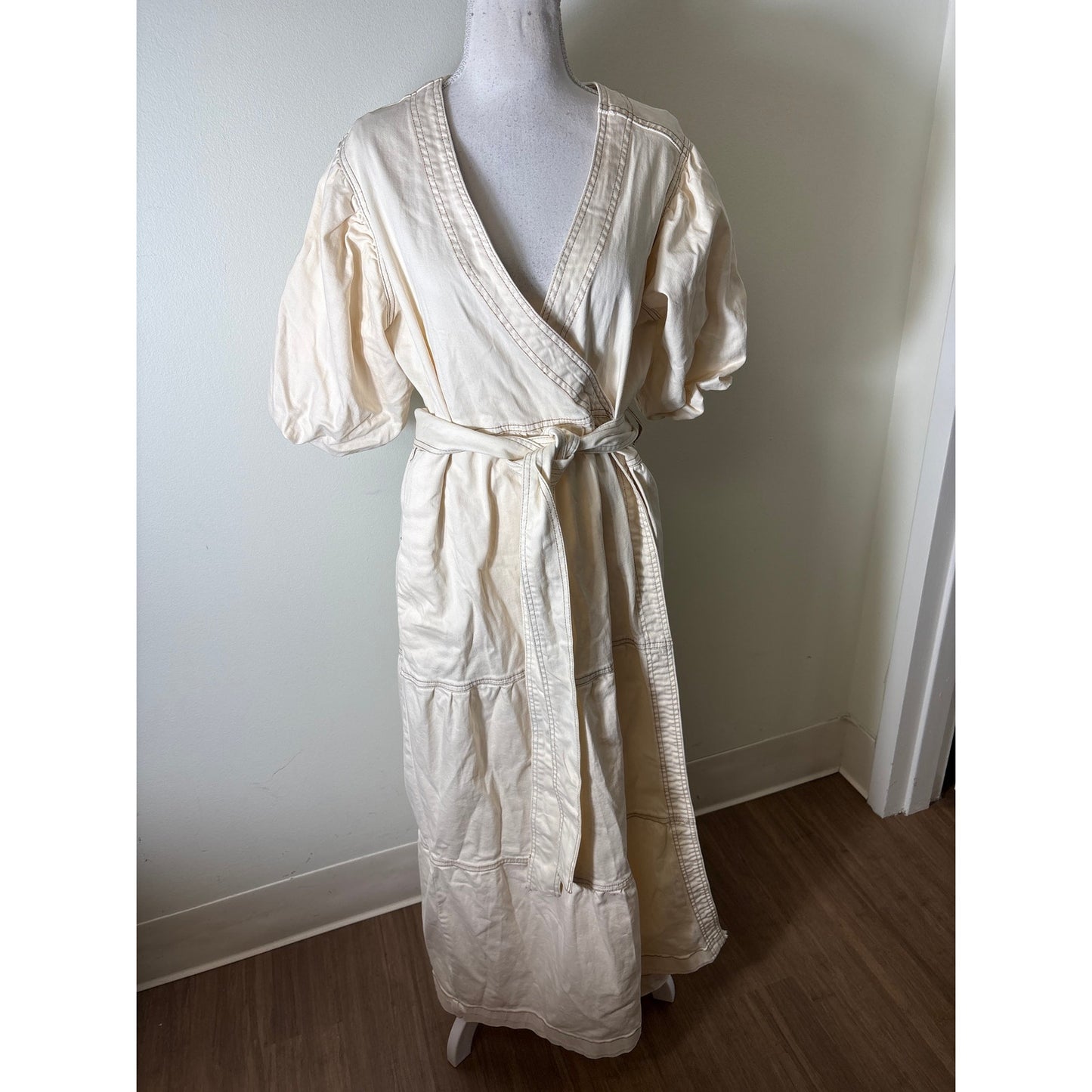 Marie Oliver Cream Denim Puff Sleeve Wrap Maxi Dress Sz L