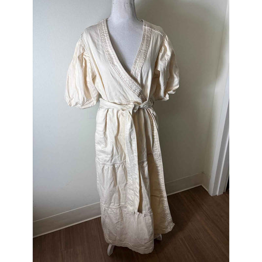 Marie Oliver Cream Denim Puff Sleeve Wrap Maxi Dress Sz L