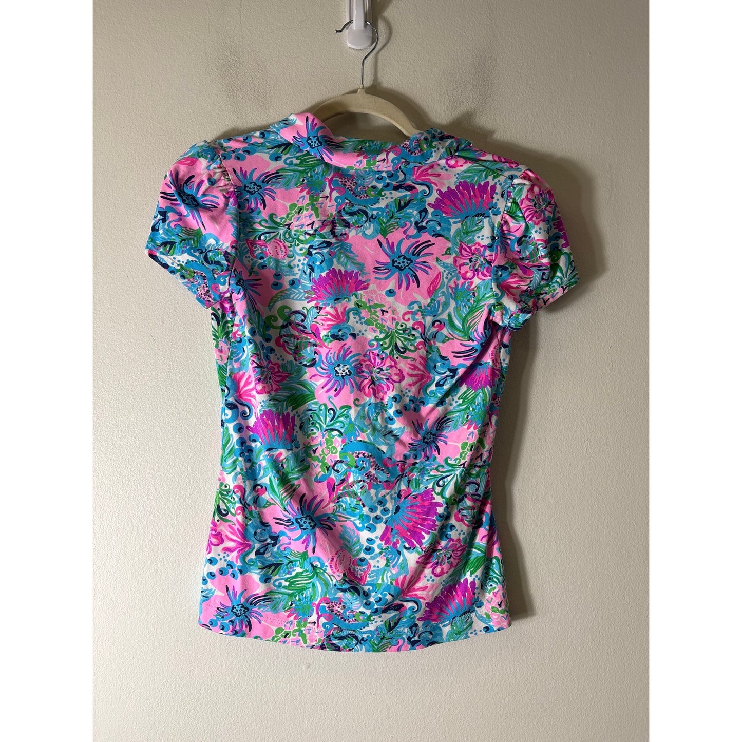 Lilly Pulitzer Pink Aqua Cap Sleeve Golf Shirt Sz XS