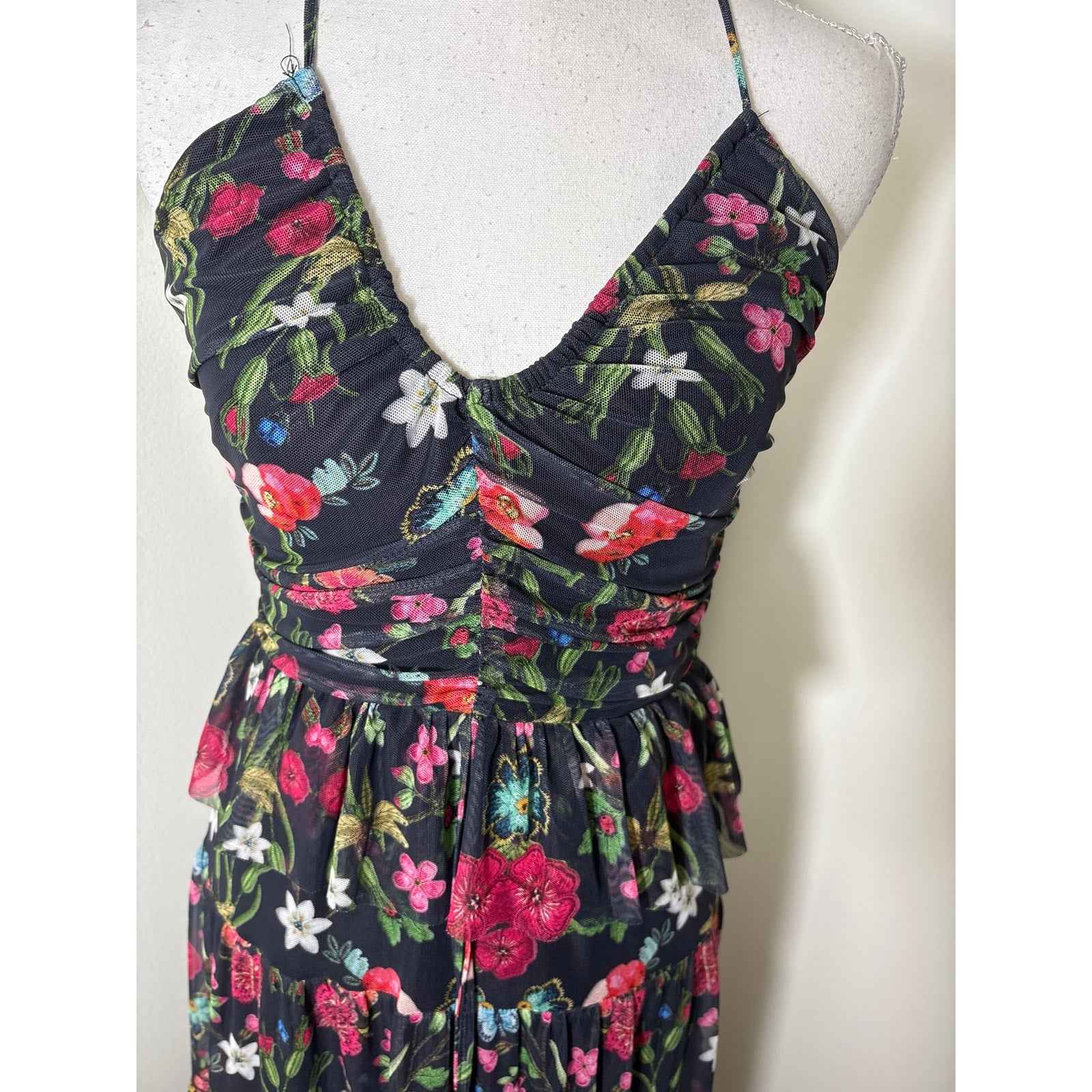 NSR Black Floral Mesh Spaghetti Strap Maxi Dress Sz XS
