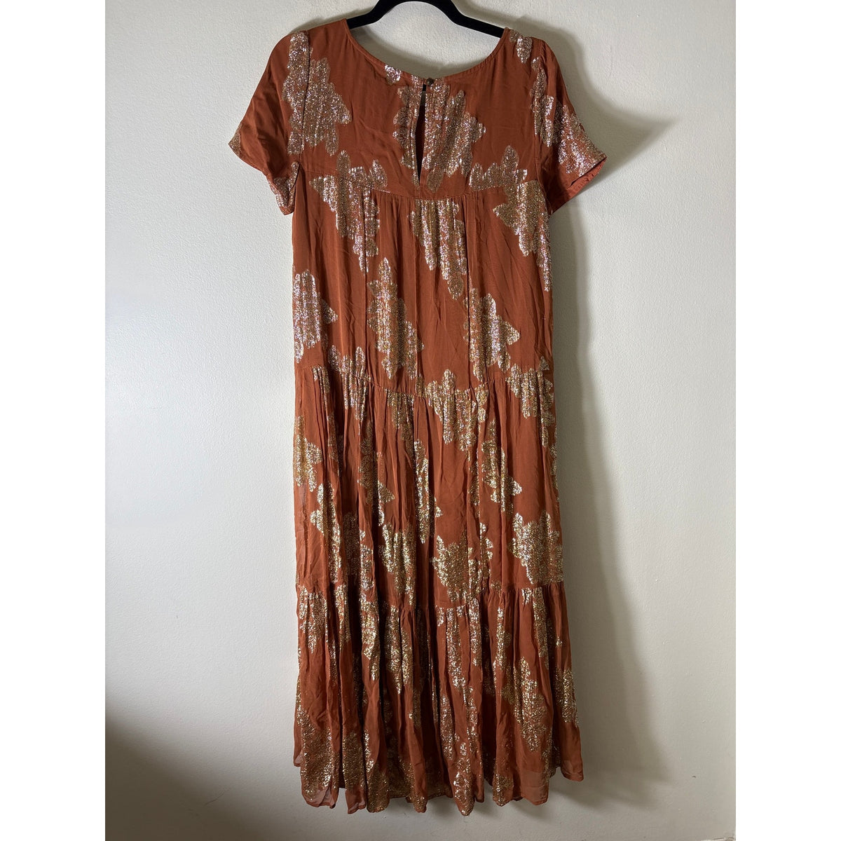 Anthropologie Metallic Gold Thread and Orange Maxi Dress S