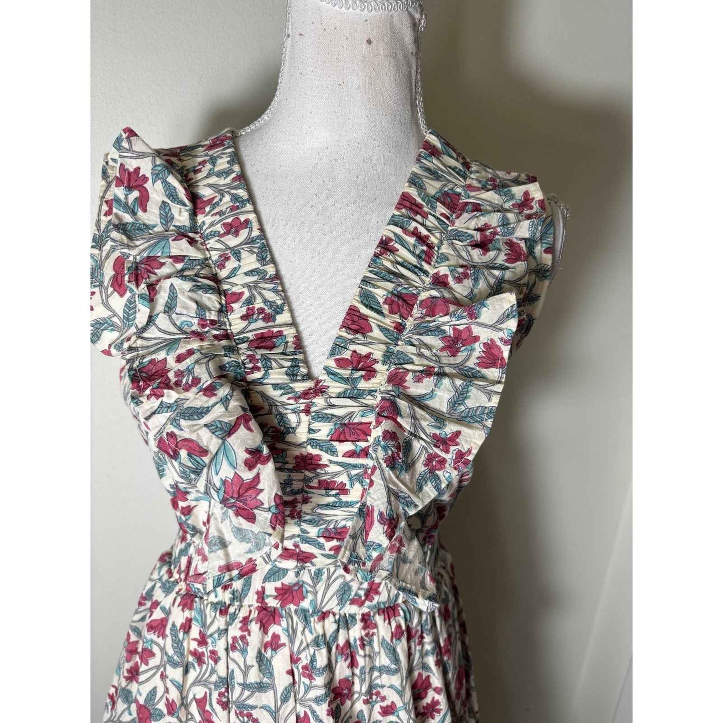 Anna Cate Cream Pink and Green Floral Tiered Maxi Dress Sz XS