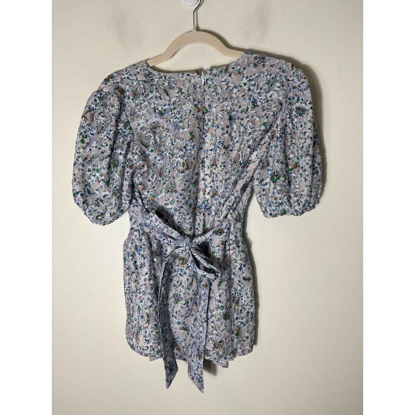 Tory Burch Gray Puff Sleeve Fitted V-Neck Top Sz 2