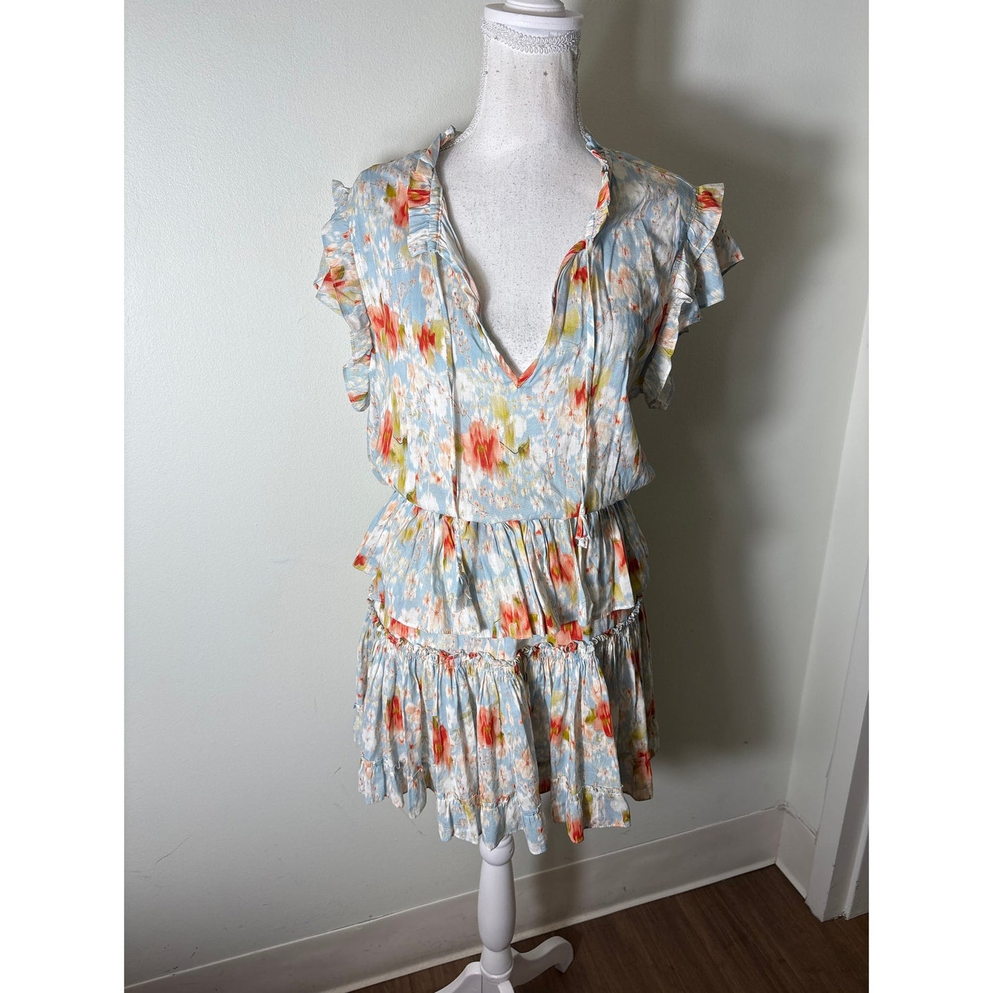 Misa Pastel Ruffle Tiered Fluttere Sleeve Mini Dress Sz S