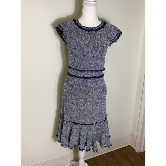 Rebecca Taylor Navy and White Tweed Cap Sleeve Midi Dress Sz 4