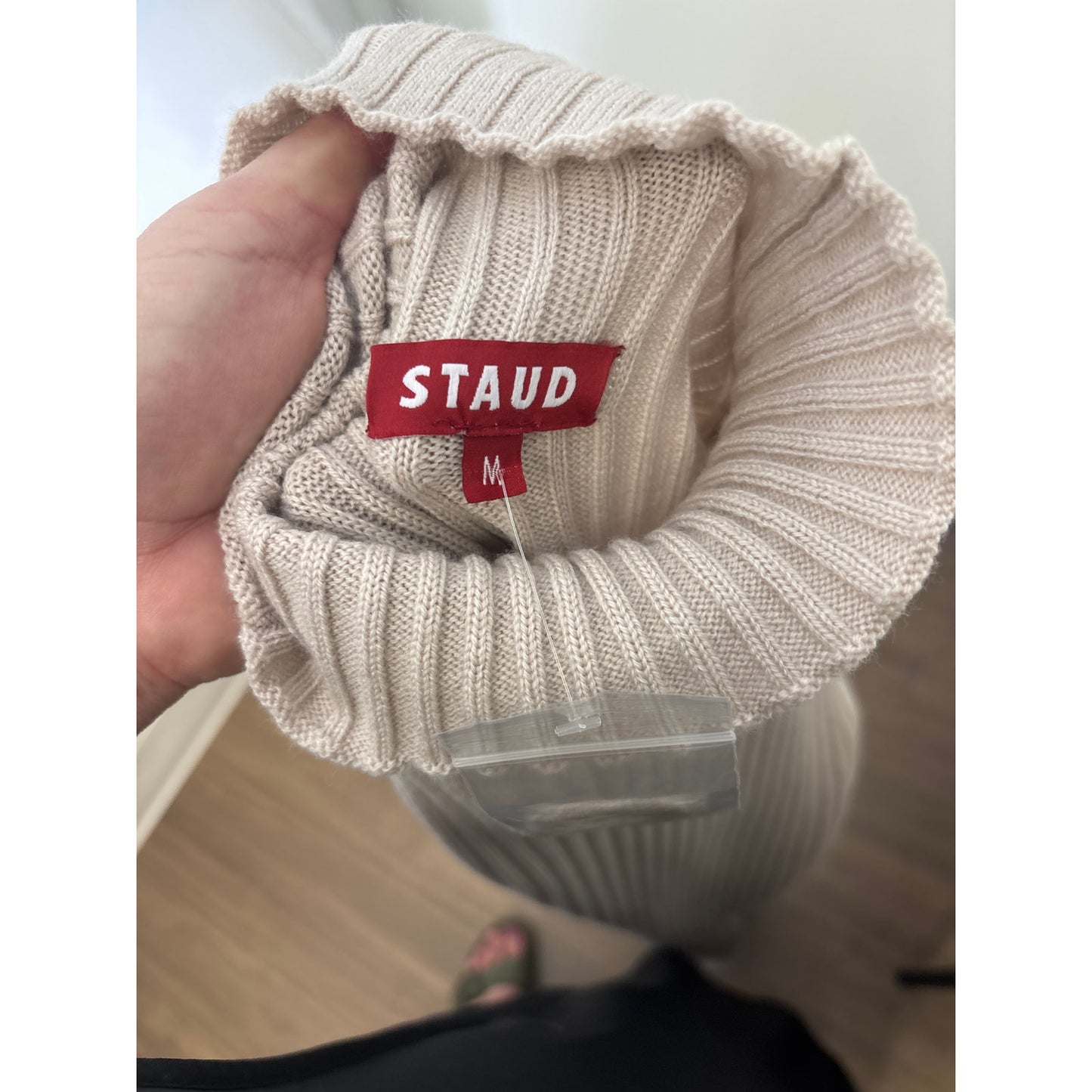 NWT Staud Beige Short Sleeve Mock Neck Ribbed Sweater "lilou" Dress Sz M