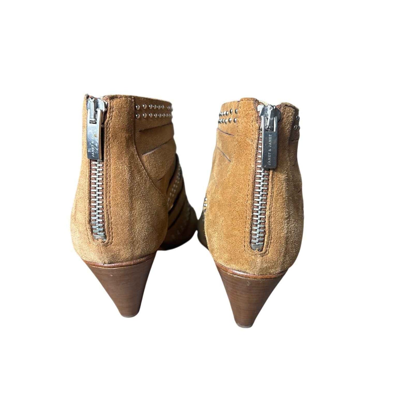 Janet and Janet Brown Leather Studded  Peep Toe Mid Heel Bootie Sz 7.5