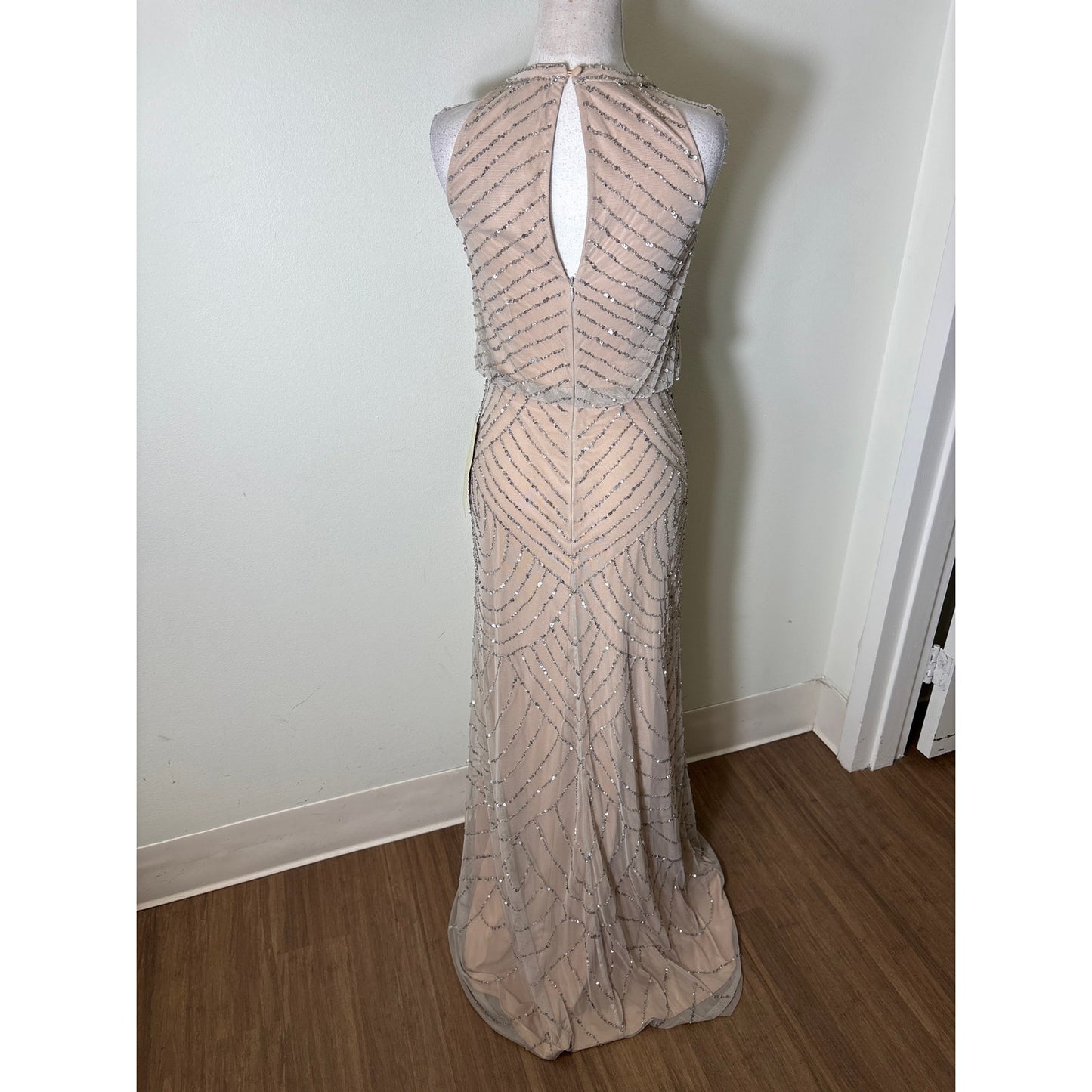 NWT Adrianna Papell Silver Sequin Nude Halter Gown Sz 0