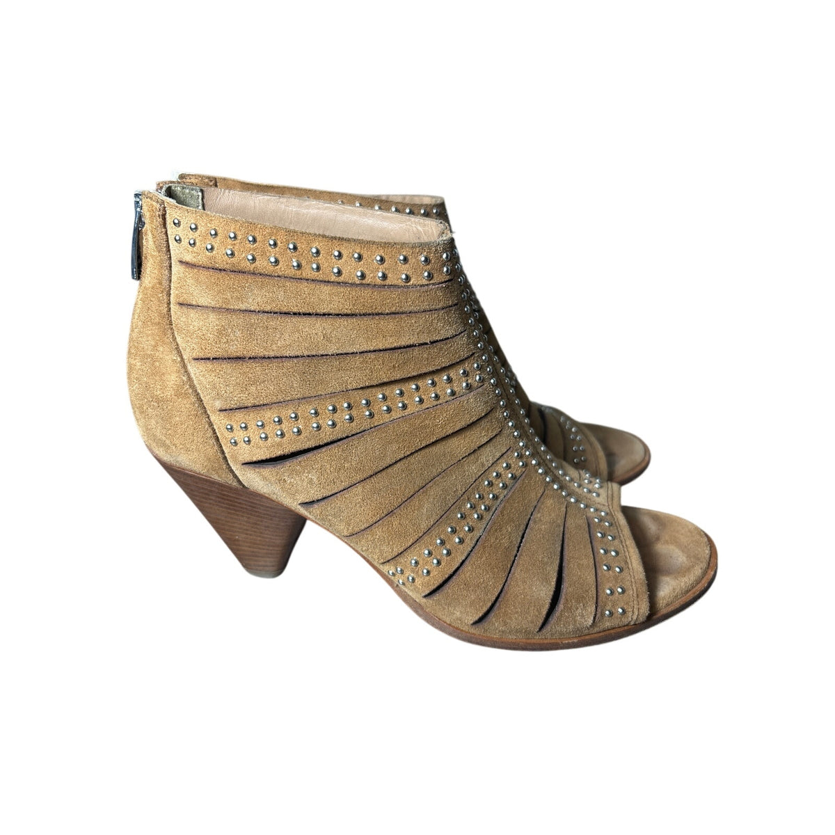 Janet and Janet Brown Leather Studded  Peep Toe Mid Heel Bootie Sz 7.5
