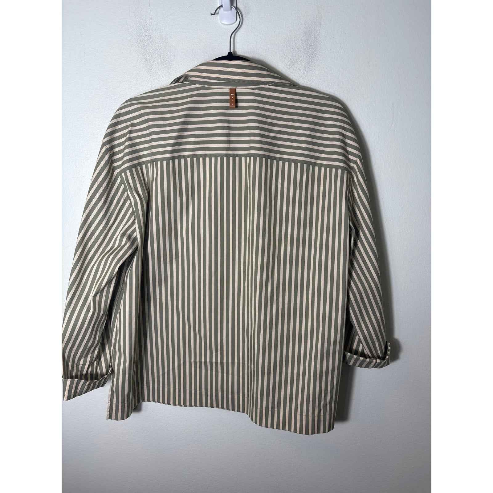 Lafayette 148 Off White Muted Green Long Sleeve Long Wide Sleeve Shirt Sz M