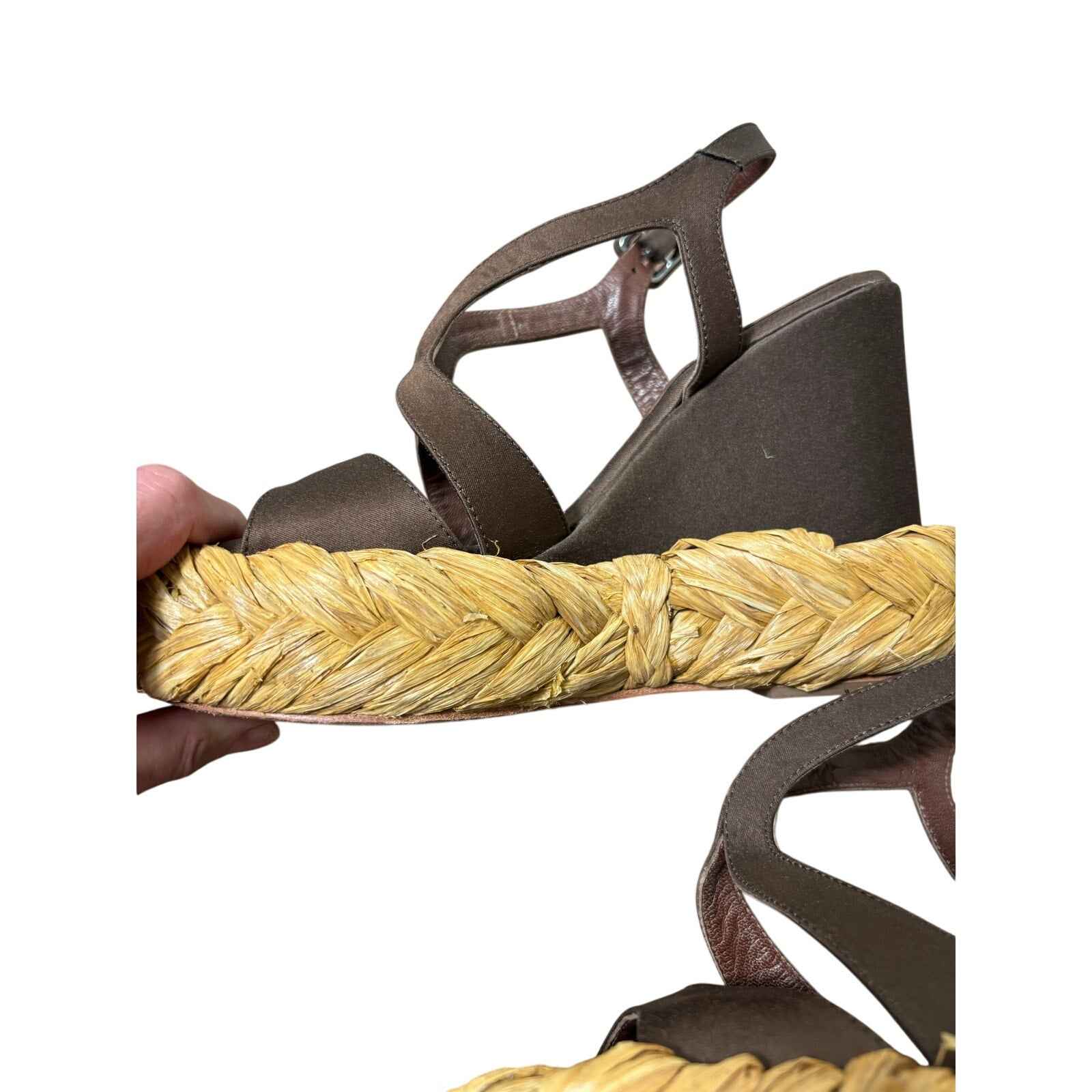 Paloma Barcelo Brown Raffia Wedge Platform Sandal Sz 38