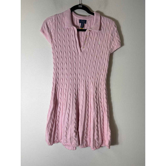 Girls Polo Ralph Lauren Pink Cable Knit Cap Sleeve Knee Length Dress Sz 16 (L)