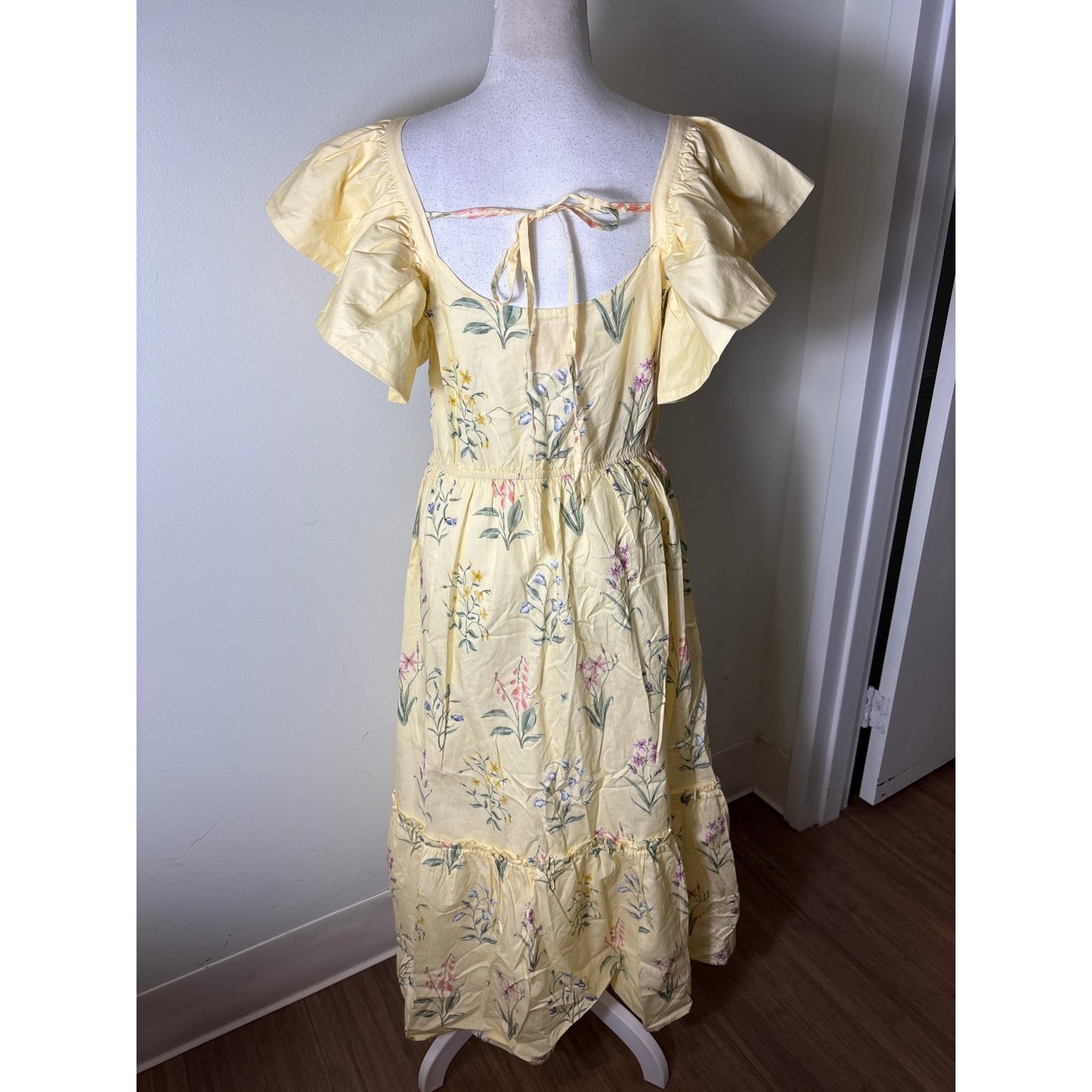 Floraison Lane Pale Yellow Floral Flutter Sleeve Cototn Maxi Dress Sz 10