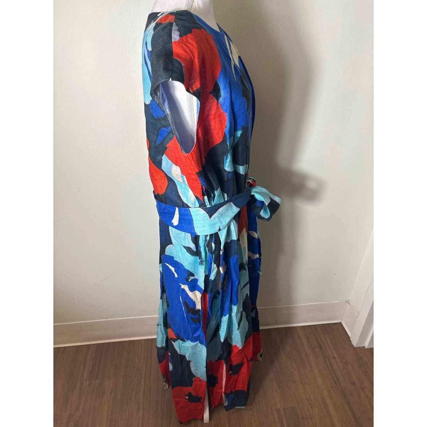 Ann Mashburn Blue Red Cap Sleeve Linen Maxi Dress Sz L