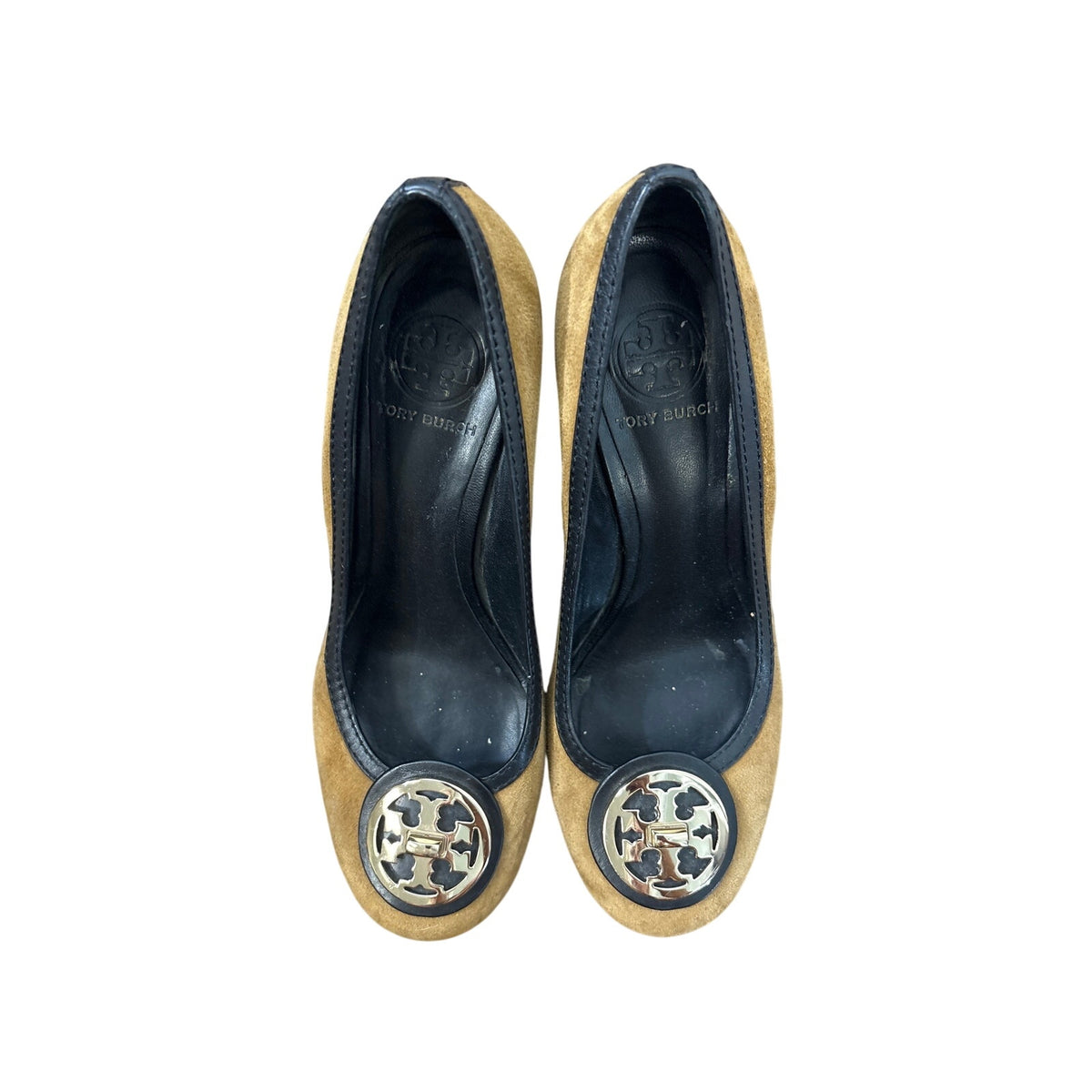 Tory Burch Brown Suede Gold Emblom Heels Sz 8