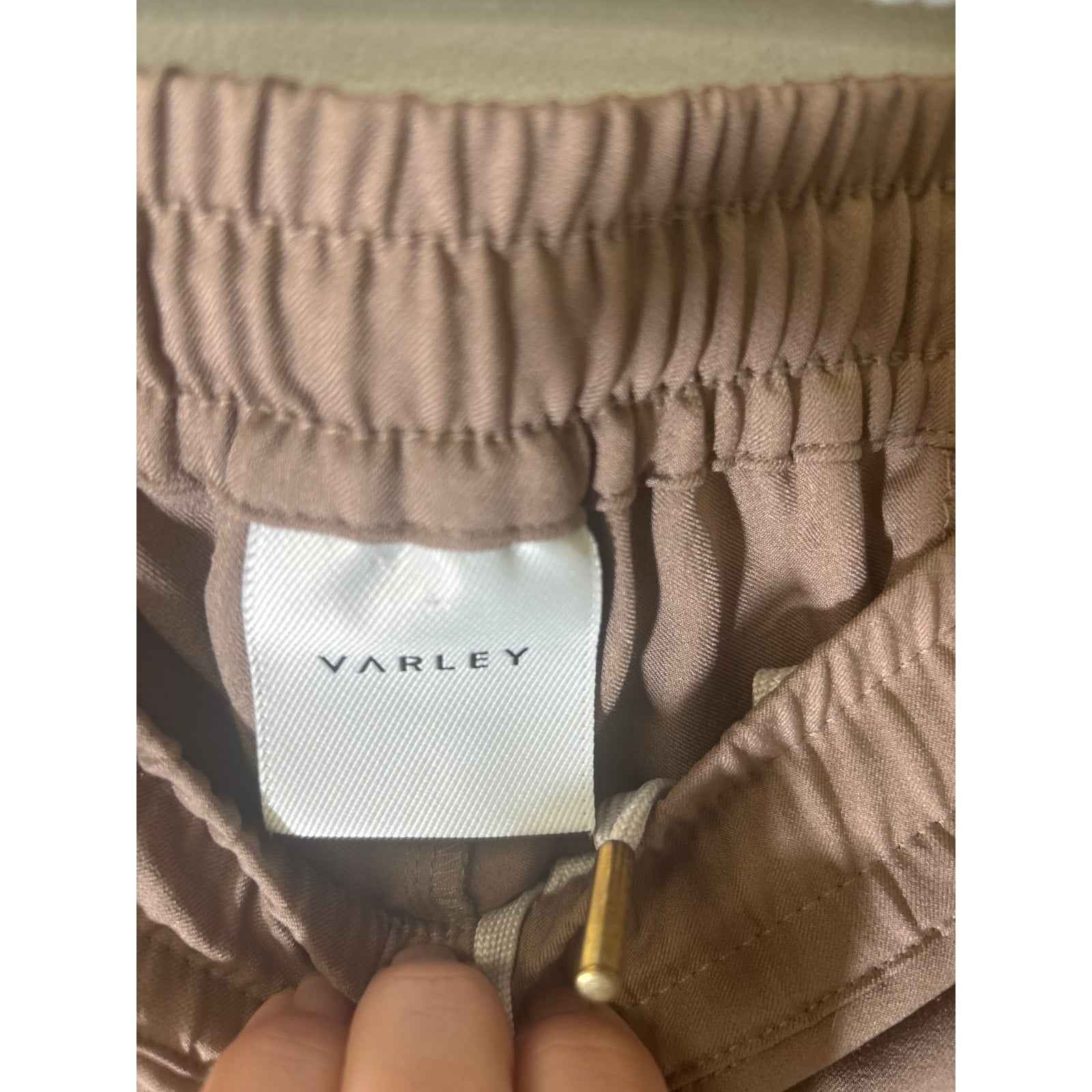 Varley Brown Cypress Turn Up Pant in Stretch Twill, Sweater is Finch Knit Polo Sz S